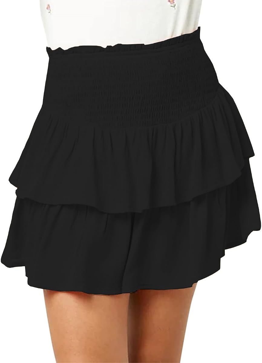 CharmWM Girls Mini Skirts High Elastic Waisted Tiered Smocked Ruffle Skirt with Shorts US Size 4-15