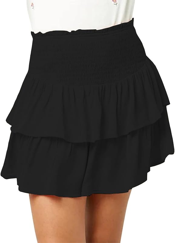 CharmWM Girls Mini Skirts High Elastic Waisted Tiered Smocked Ruffle Skirt with Shorts US Size 4-15