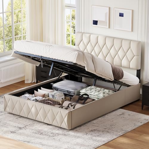 Besbed Ottoman Double Bed Frame 4ft6 Upholstered Storage Bed with Slats and Headboard Velvet Fabric Without Mattress (Cream 135 x 190 cm)