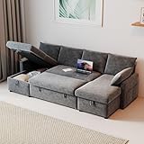 Real Relax Sofa Bed, 104'' U Shaped Sleeper Sofa, Pull Out Couch with Storage Chaise for Living Room, Apartment, Chenille, Dark Gray