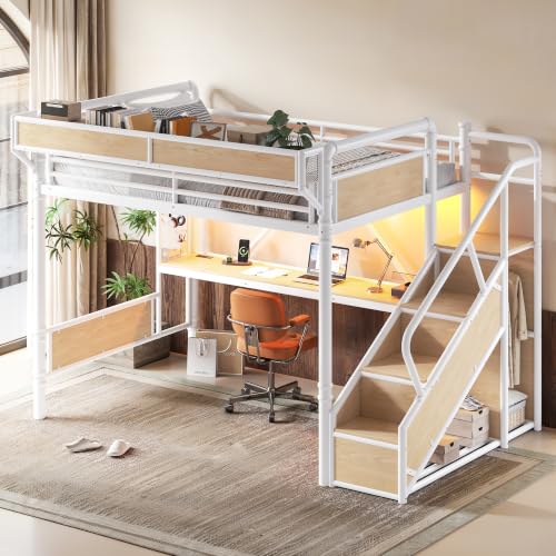 Image of Bellemave Queen loft Bed with Storage Stairs, Wardrobe, Shelves, Metal Queen Loft Bed Frame for Adults, Kids, Teens, White+Natural Wood with Stairs