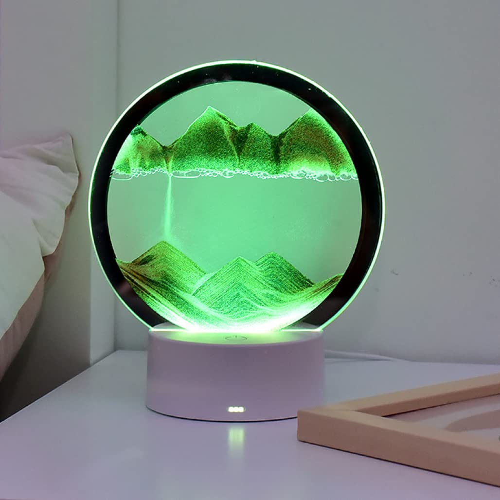 Goodern Moving Sand Art Decor Lamp,Sand Art Painting Desk Lamp Round Glass Kinetic Sandscapes with LED Light,3D Deep Sea Sandscape in Motion Display,Flowing Sand Desktop Home Office Decor-Green