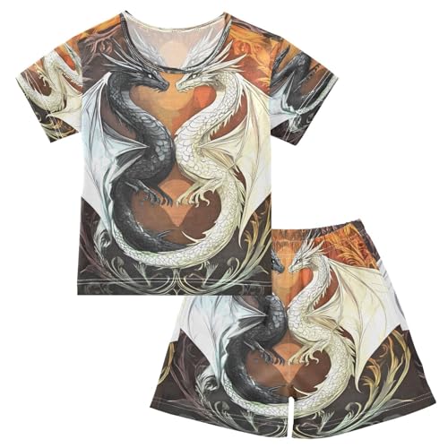 ALAZA Black White Dragon Pajamas Set Short Sleeve Cotton Sleepwear Summer Pjs 2 Piece 5-14Y