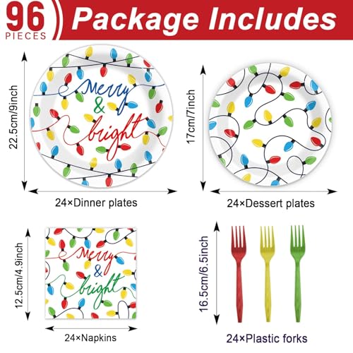 Image of ZOIIWA 96PCS Merry Christmas Party Tableware Set Christmas Lights Party Supplies Merry and Bright Disposable Dinnerware Plates Napkins Forks with Holiday String Lights for Xmas Birthday Favors