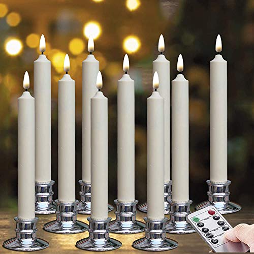 10 Pack Wax Covered Flameless Windows Candles with Remote and Timer, Ivory Battery Powered Candle with Removable Silver Candleholders