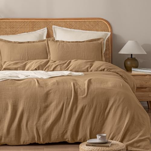 PHF 100% Natural Cotton Muslin Duvet Cover Set Queen Size, Ultra Soft Breathable Absorbent, Luxurious Minimalist Gauze Bedding for All Season, Duvet Set with 2 Pillow Shams, 90\" x 90\", Brown