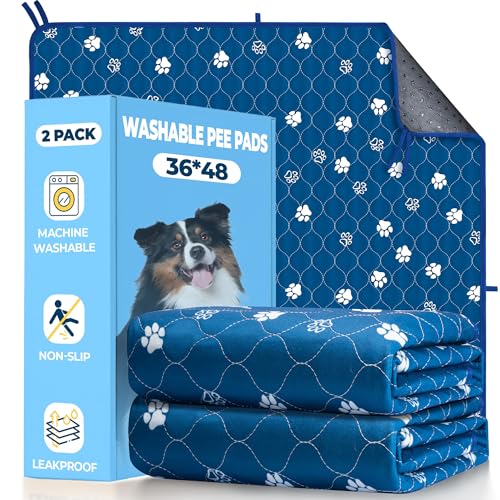 Image of Fostanfly Washable Pee Pads for Dogs, 2 Pack Large 36 inchx48 inch Ultra-Absorbent and Leak-Proof Non-Slip Reusable Potty Training Pads for Dogs, Puppy & Cats of Add 8 Lanyards-Blue