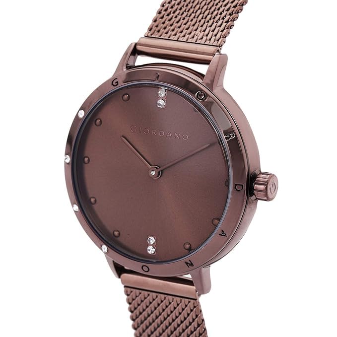 Image of Giordano Analog Quartz Watch for Women with Round Dial, Two-Hand Display, Crystal-Studded Hour Markers and Bezel and Stainless Steel Mesh Strap - A2085