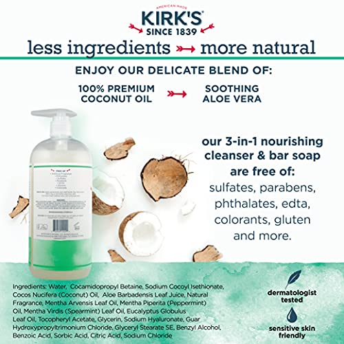 Kirk's 3 In 1 Castile Clean Mint Shampoo Body Wash Liquid Soap Travel Size Bar Soap (1.13 Oz.) | Mint & Eucalyptus Scent | For Men, Women & Children | 32 Fl Oz. - 2 Pack #TOP4