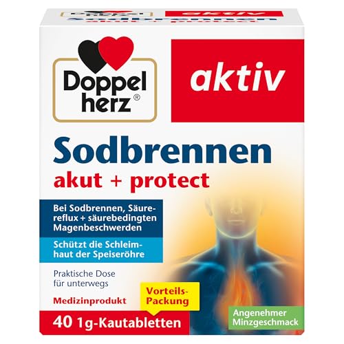 Doppelherz Sodbrennen akut + protect - Medizinprodukt bei Sodbrennen Säurereflux + säurebedingten Magenbeschwerden - 40 Kautabletten mit Minzgeschmack