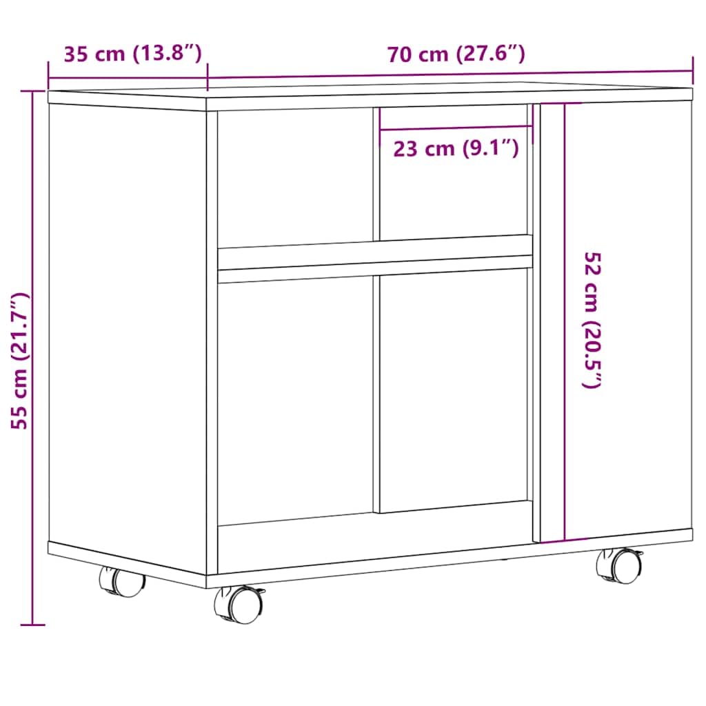 Tavolino su ruote, 70 x 35 x 55 cm, in legno, effetto rovere