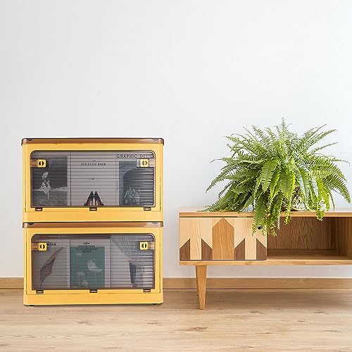 Image of oddpod Stack Genie Collapsible X-Large Capacity Storage Box with Detachable Wheels /Multifunctional Transparent Stackable, Portable & Foldable Organizer for Indoor and Outdoor use - Yellow