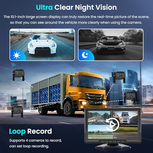 Image of 1080P Wireless Backup Camera Digital System Kit, Hodozzy 10.1 Inch HD 4 Quad Split Screen Reversing Monitor with Loop Record, Night Vision /IP68 Waterproof /Rear View Camera RV /Truck /Trailer /Bus /Camper