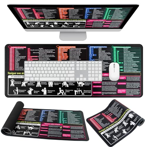 Niuny Grand Tapis de Souris Excel Français 1pcs Tapis Souris 80 * 30cm avec Raccourcis Clavier en français pour Office Excel et Word Powerpoint Windows Raccourcis Mouse Pad à Bords Cousus pour Bureau