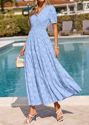 Image of KIRUNDO Summer Dresses for Women 2026 Boho Flowy Casual Short Sleeve V Neck Elastic Waist Floral Long Baby Shower Maxi Dress