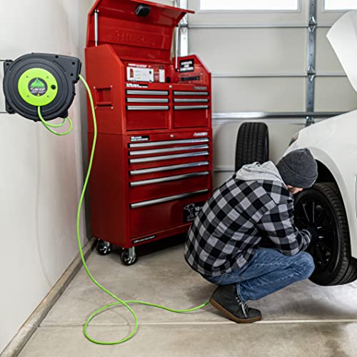 Copperpeak Tools Retractable Extension Cord Reel - 50 Ft 14Awg- 3 Electric Power Outlets - Ceiling Or Wall Mount - Green And Grey #TOP3
