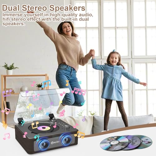 Mycket Portable CD Player Built-in Dual Stereo Speakers, Small Vintage CD Players for Home, Rechargeable CD Player with Bluetooth Input/Output, USB Playback, AUX in, Headphone Jack, Remote Control - Image 3