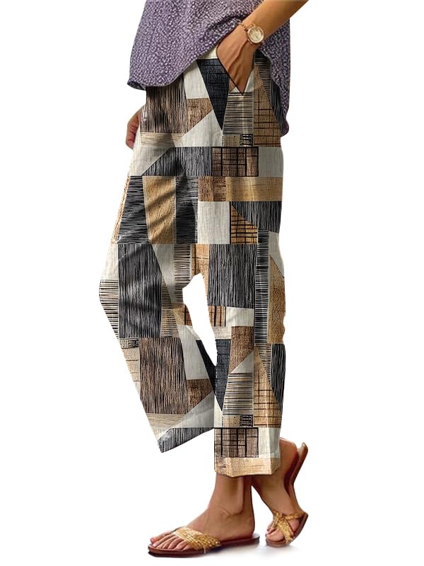 HOTYD Women's Boho Floral Printed Pants Elastic Waist Straight Leg Summer Casual Beach Cropped Trousers with Pockets