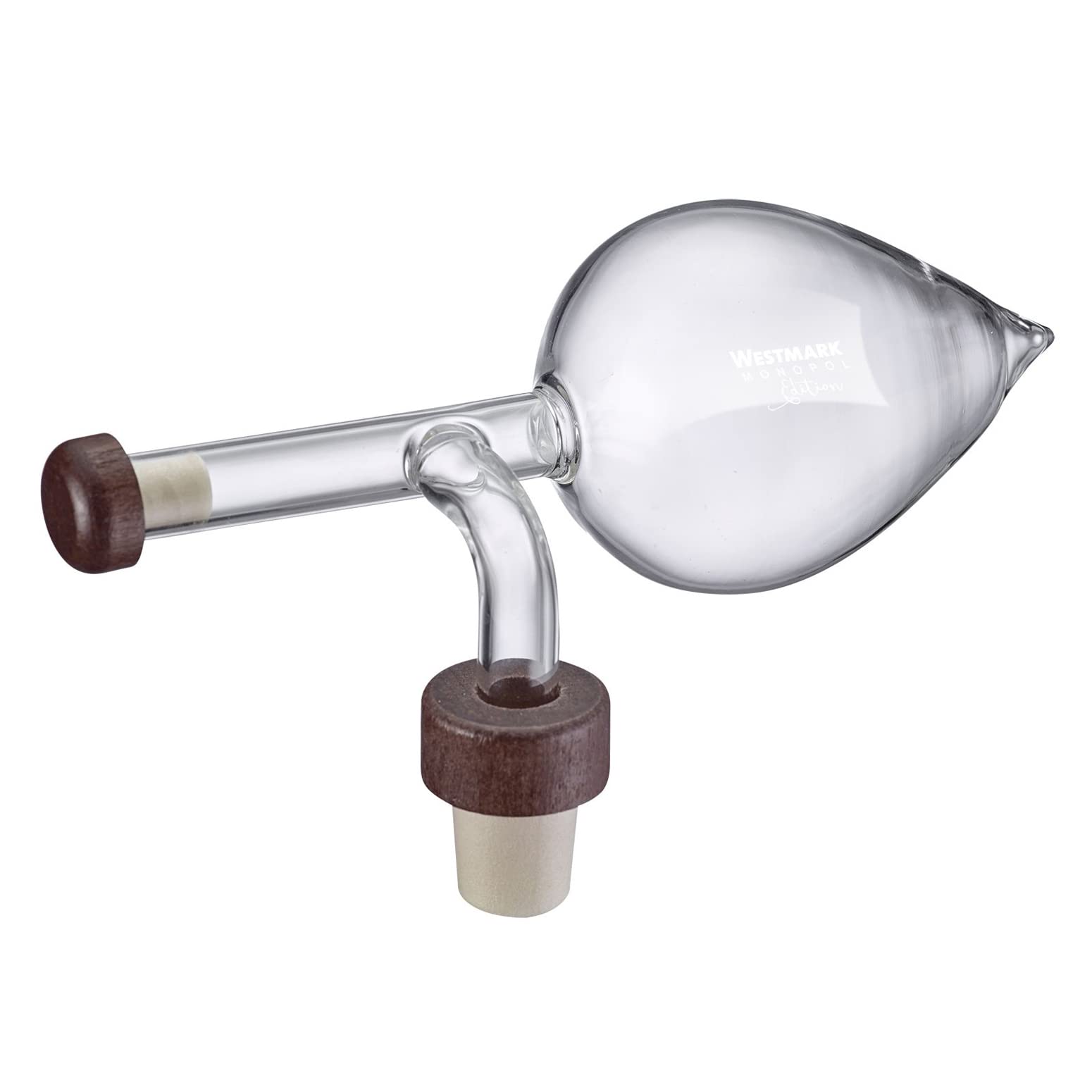 Westmark 99093380 dozownik do porcjowania, pojemność: 150 ml, odmierzanie i dekantowanie jednocześnie, szkło/tworzywo sztuczne/drewno, Gourmet, przezroczysty/brązowy