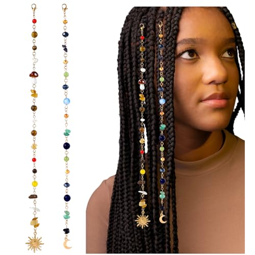 Shimmeroo 2PCS Loc Jewels for Black Women Braid Jewels for Hair Long Colorful Loc Charms with Sun Moon Hair Accessories Hairstyle Decoration