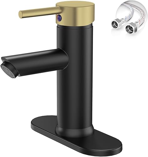 Grifo de lavabo de baño negro y dorado, con una sola manija, un agujero, grifo de lavabo con placa de cubierta y línea de suministro, latón