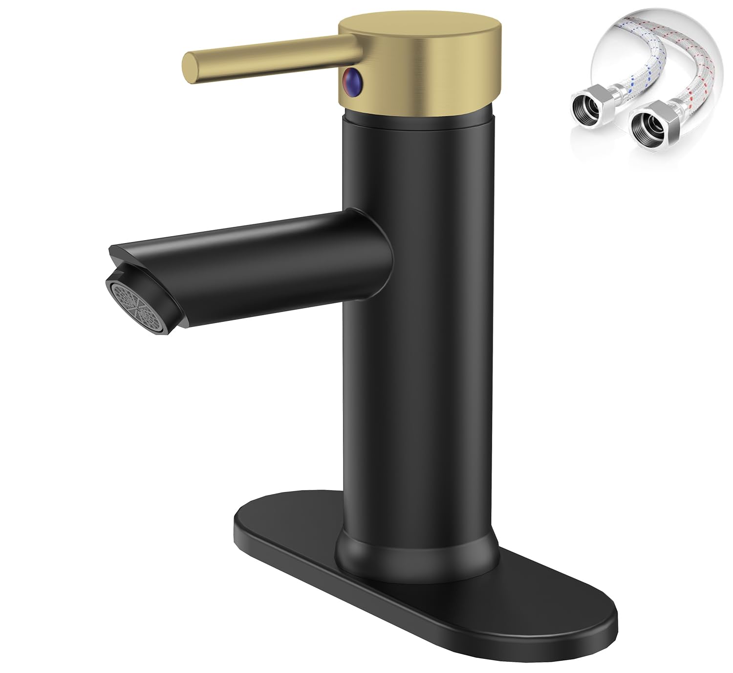 Black and Gold Bathroom Sink Faucet, Single Handle One Hole Bathroom Faucets Vanity Sink Faucet with Deck Plate and Supply Line,Brass