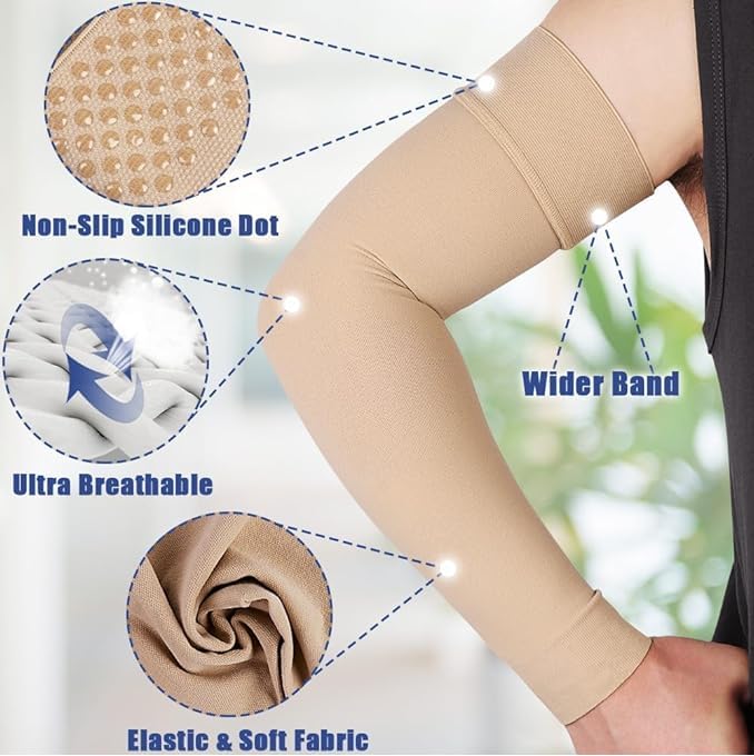 SHOTOSHOP Unisex Compression Arm Sleeves for Sports, Bike, Cycling & Outdoor Gym Riding-Sun Burn Skin Tan Protection Nylon Arm Sleeves For Men & Women (Pack of 2 Pairs, Cream,Black) 2