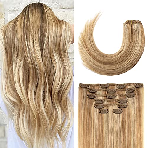 Clip in Hair Extensions Real Human Hair 70G Light Brown/Bleach Blonde 100% Remy Human Hair Soft Silky Straight for Fashion Women 7pcs 16clips One Pack (15 Inch #12P613)