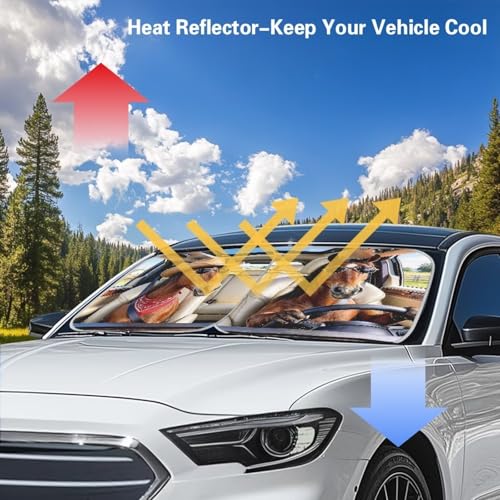 Image of Funny Horse Car Sun Shade for Front Window Foldable Automotive Front Window Sunshade Protector 2-Piece Car Sunshades Easy to Install Universal Car Accessories Decoration