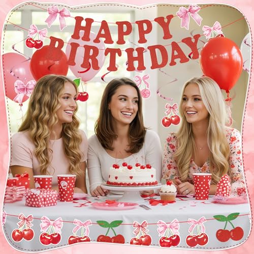 Image of 43 Pcs Cherry Party Decorations, Happy Birthday Banner with Hanging Swirls | Summer Fruit Theme Cherry Party Decorations for Wedding Birthday Bridal Shower Baby Shower