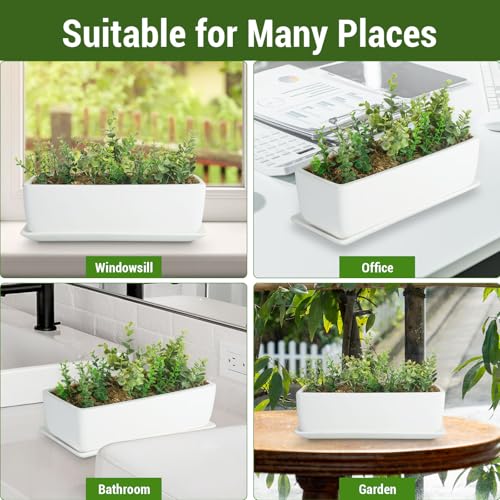 Image of MyGift 14 Inch Ceramic Indoor Plant Pot with Drainage Hole, Rectangular Succulent Planter Window Box with Removable Saucer, Unglazed White (Pack of 2)