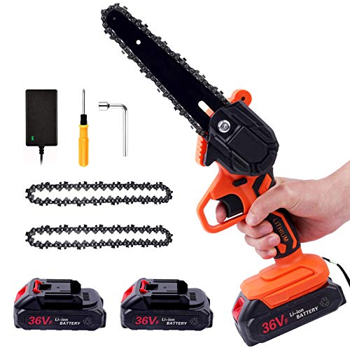 Mini Chainsaw Cordless Battery Saws, Upgraded 6-Inch 36V Power Chain Saws, Portable one-Hand Operated Electric Saw for Courtyard Tree Branch Wood Cutting (2pcs Batterie+ 2pcs Chain)