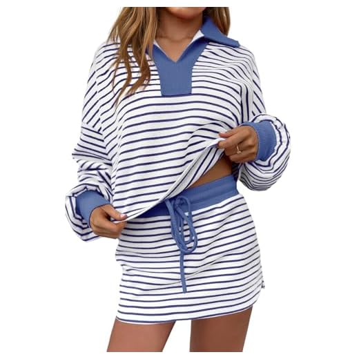 Fisoew Womens Striped 2 Piece Outfits Casual Sweatshirt Skirt Set Long Sleeve Skort Workout Set Matching Lounge Sets