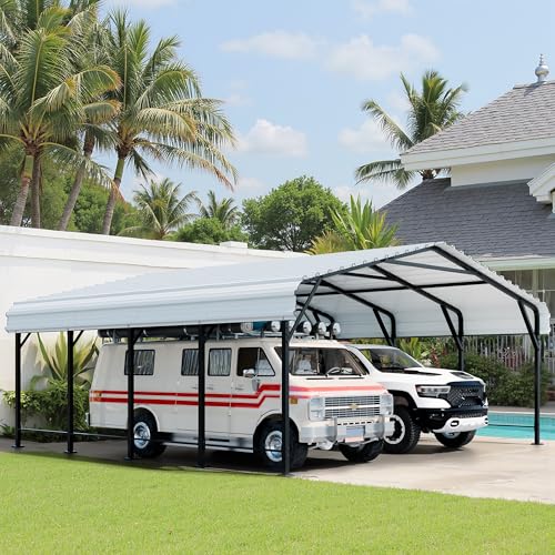Image of Shintenchi 20x20 FT Metal Carport, Oversized Carport Garage with Enhanced Base, Outdoor Galvanized Car Shelter, Heavy Duty Carports Canopy, for Car, Boats and Tractors, White