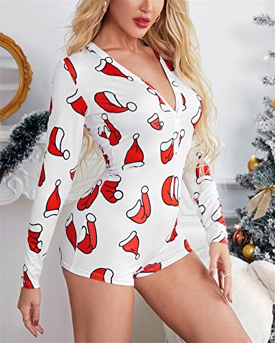Dames Sexy Kerstprint Rompers Button Down Lange Mouwen Shorts Diepe V-hals Een Stuk Slanke Pyjama Jumpsuits Nachtkleding, M Wit, S - Afbeelding 5