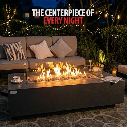 Image of AMS Creations | Madison 60 inch Bundle Rectangular Propane Gas Outdoor Fire Pit Table | Dark Gray Concrete GFRC | Limestone Texture or Surface | Electronic Ignition | Outside Backyard Fireplace