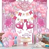 Globos de Cumpleaños,59pcs Decoracion Fiesta de Pared con Cortina Metálica,Banner Happy Birthday,Globos Rosa,Blanco y...