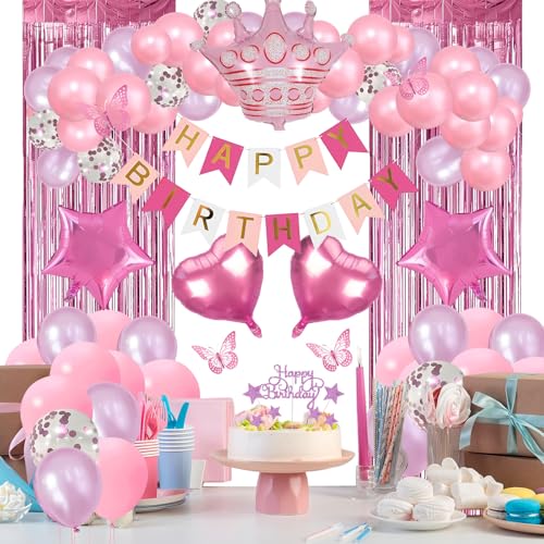 La Mejor Recopilación de Decorados para fiestas del mes. 41 Globos de Cumpleaños,59pcs Decoracion Fiesta de Pared con Cortina Metálica,Banner Happy Birthday,Globos Rosa,Blanco y Morado, Confeti,Decoración de Cumpleaños Ideal para...