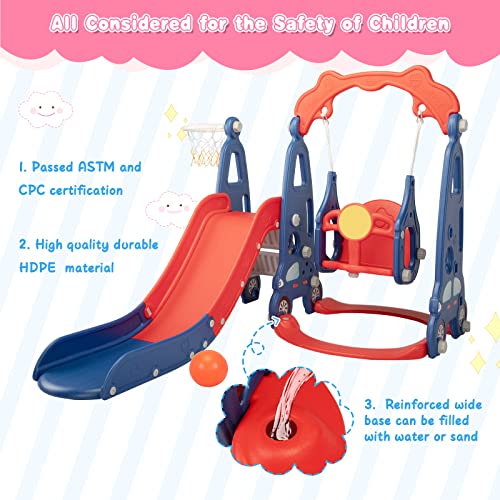 4 in 1 Slide Climber Swing Set, Freestanding Toddler Slide Climber Playset with Basketball Hoop, Toddler Playground Indoor Outdoor, Easy Setup (Red) - Thumbnail 2