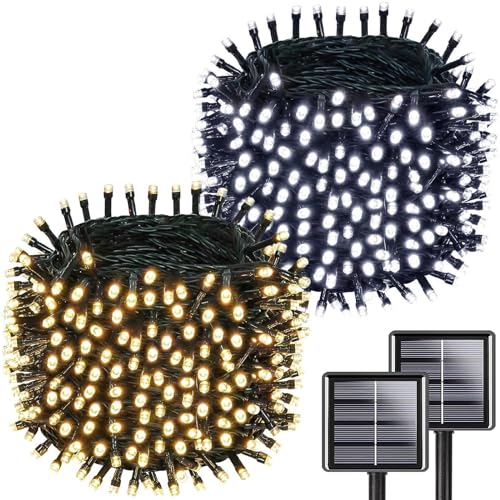 KAQ 1Pack Warm White 1Pack Cool White Total 180FT 500LED Solar Christmas Lights, Solar String Lights, Auto On/Off Green Wire with 8 Modes Solar Christams Lights Outdoor Waterproof for Christmas Tree