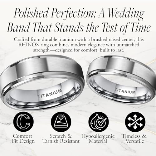 Roy Rose Jewelry Mens Titanium Brushed Raised Center Wedding Ring - Polished Step Edges Comfort Fit - 6mm 8mm Wide - Style Name: RHINOX3
