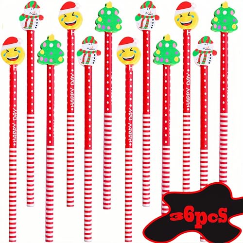 36 Set Festive Pencil Set Bulk Pencil with Christmas Erasers Incentive Gift Themed Pencil Set for Kids Christmas Class Gifts Xmas Eve Box Fillers