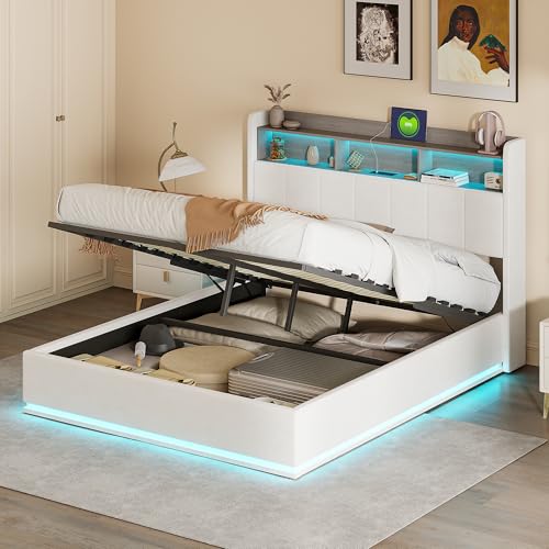 Lit Coffre 140 x 200 cm,avec Éclairage LED et Port USB,Lit Double Rembourré avec Rangement et...