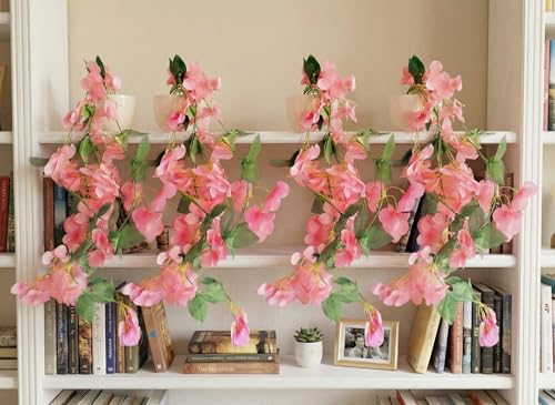Image of Dekorly Artificial Hanging Garland with Pot - 100cm Vine, 10cm Decorative Pot for Table, Shelf & Wall Decor (4, Pink)