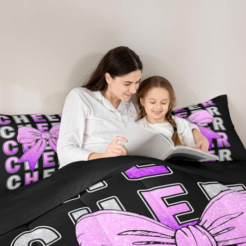 Image of Feelyou Bowknot Cheer Comforter Set Full Size Cheerleading Bedding Set for Kids Boys Girls Pink Purple Glitter Cheerleader Duvet Quilt Cheer Bow Bedroom Decor Microfiber 3 Pcs with 2 Pillow Cases
