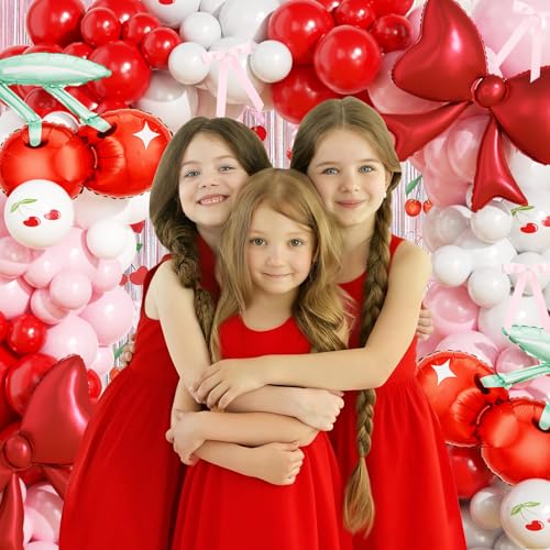 Image of JOGAMS Cherry Balloon Arch Garland Kit,172Pcs Cherry Party Decorations with Ribbon Cherry Bow Foil Balloons for Cherry On Top Baby Shower Birthday Bridal Shower Wedding Valentine's Galentine's Day