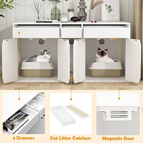 Dawnspaces Cat Litter Box Enclosure For 2 Cats, 43.3 Inch Modern Wood Large Cat Washroom Storage Cabinet Bench End Table Furniture,With 3 Drawers & Removable Litter Box, White #TOP3