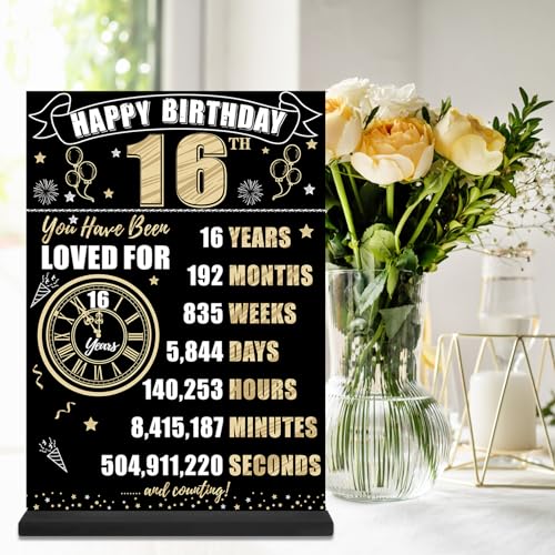 16th Birthday Decorations Back in 2010 Table Sign for Men Women, Black Gold Happy 16 Bday Two-Sided Wooden Table Poster with Stand Party Supplies, Sixteen Birthday Display Holder Decor