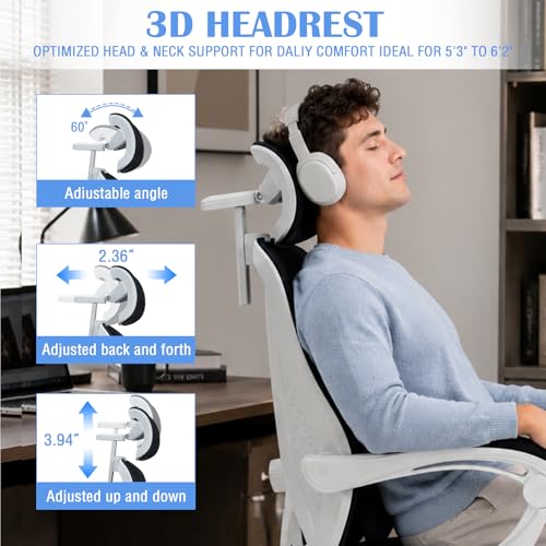 Image of Ergonomic Home Office Chair - Adjustable Lumbar Support & Height | Adjustable Lumbar Support & 3D Headrest,Rolling Work Swivel Computer Chair-400lbs Capacity