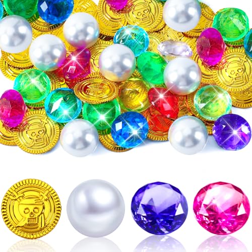 MARFOREVER 48 Pcs Acrylic Gemstones Big Pearls Gold Coins Pirate Treasure Gems Jewels Fake Pirate Gold Coins Pirate Party Decorations for Diving Training Pirate Adventure Party Decor